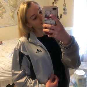 GREY ADIDAS JACKET WITH LOGO ON BACK!!